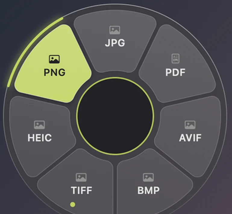 The Anywey format wheel: one click turns a file into PNG, JPG, PDF and other formats