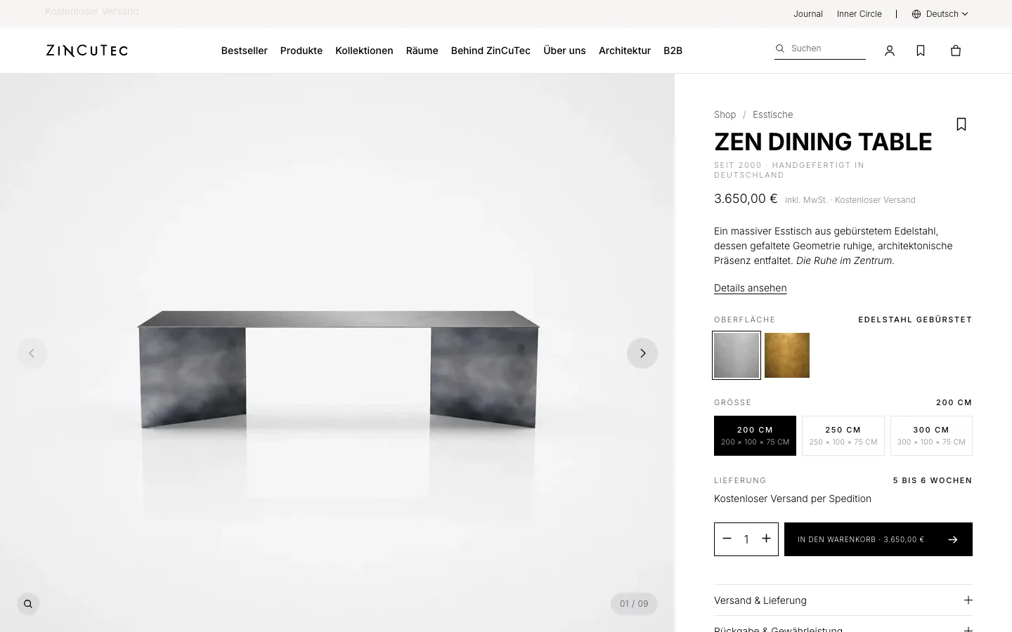 Zen Dining Table product page at ZinCuTec